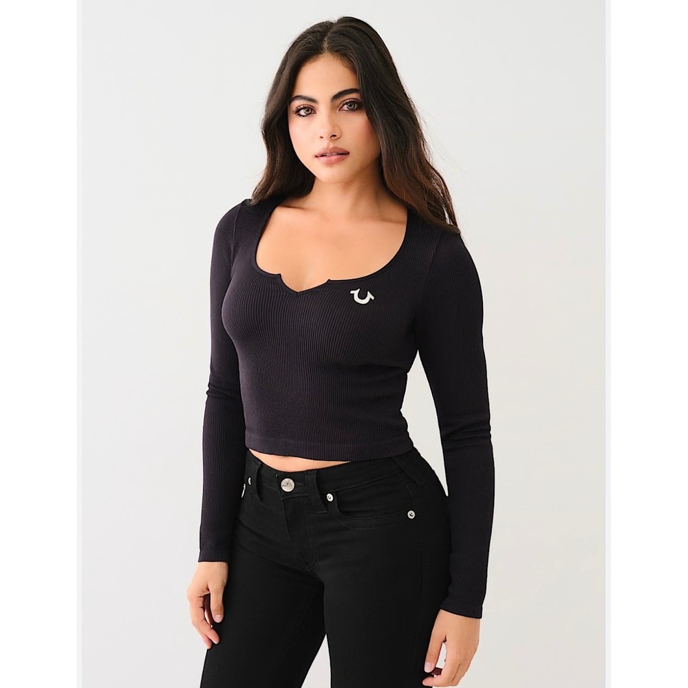 True Religion Womens Ribbed Seamless Crop Top Long Sleeve Tan Brown Logo M/L